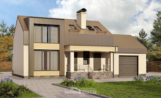 150-015-Л Проект двухэтажного дома с мансардным этажом, гараж, бюджетный коттедж из твинблока Рудный | Проекты домов от House Expert