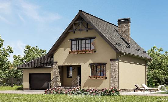 160-005-Л Проект двухэтажного дома мансардой и гаражом, скромный домик из поризованных блоков Тараз | Проекты домов от House Expert