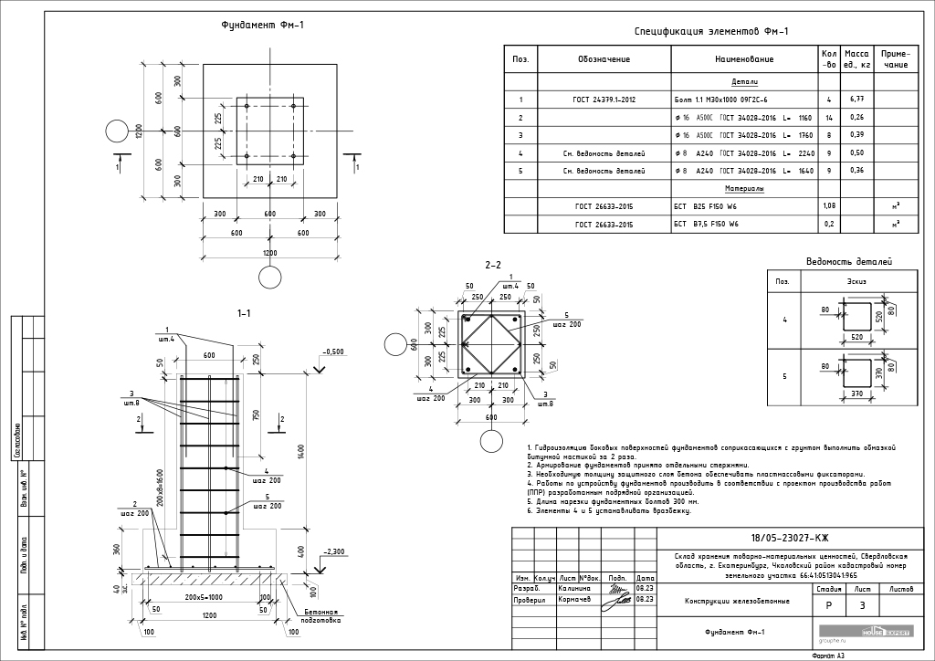 Конструкции железобетонные - Фундамент Фм-3