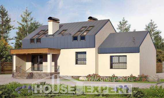 150-015-П Проект двухэтажного дома с мансардой и гаражом, бюджетный коттедж из блока Шымкент, House Expert