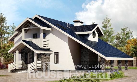155-010-П Проект двухэтажного дома с мансардой и гаражом, бюджетный загородный дом из пеноблока, Шымкент