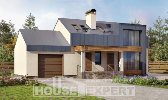 150-015-П Проект двухэтажного дома мансардный этаж и гаражом, бюджетный загородный дом из пеноблока, House Expert