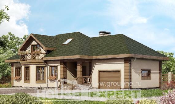 180-010-П Проект двухэтажного дома с мансардой и гаражом, классический коттедж из газобетона, Рудный