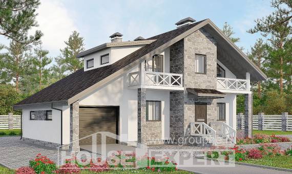 180-017-Л Проект двухэтажного дома с мансардой и гаражом, уютный домик из теплоблока, House Expert