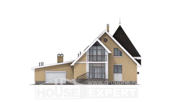 250-001-Л Проект двухэтажного дома с мансардным этажом, гараж, классический домик из поризованных блоков, Экибастуз