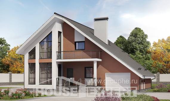 200-007-П Проект двухэтажного дома мансардный этаж, гараж, простой загородный дом из керамзитобетонных блоков, Петропавловск