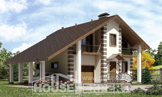 150-003-Л Проект двухэтажного дома с мансардой, гараж, недорогой домик из бревен Туркестан, House Expert