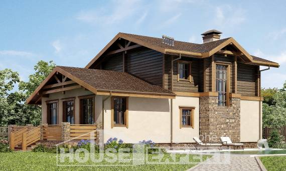 170-004-П Проект двухэтажного дома мансардой, гараж, скромный дом из поризованных блоков из дерева Жанаозен, House Expert