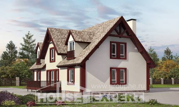 300-008-Л Проект двухэтажного дома с мансардой, гараж, красивый коттедж из керамзитобетонных блоков, Семей