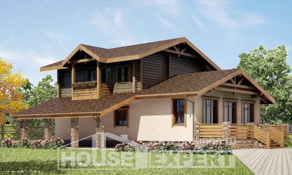 170-004-П Проект двухэтажного дома мансардой и гаражом, бюджетный дом из теплоблока из дерева Караганда, House Expert