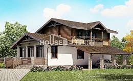 170-004-Л Проект двухэтажного дома мансардой и гаражом, компактный загородный дом из газосиликатных блоков из бревен, Костанай