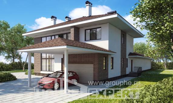 340-001-П Проект двухэтажного дома и гаражом, красивый загородный дом из кирпича, Тараз