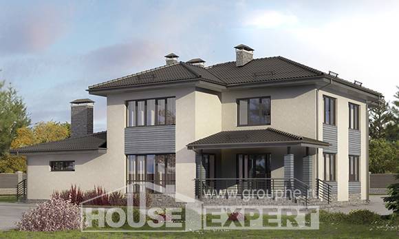 340-005-П Проект двухэтажного дома и гаражом, большой коттедж из бризолита Тараз, House Expert
