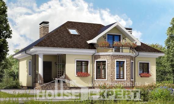 150-008-Л Проект двухэтажного дома с мансардой, бюджетный коттедж из блока Кокшетау, House Expert