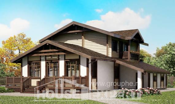 190-004-П Проект двухэтажного дома с мансардой, гараж, красивый дом из твинблока из бревен, Уральск