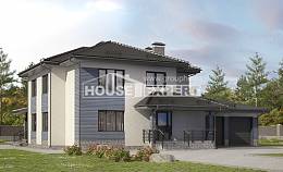 340-005-П Проект двухэтажного дома и гаражом, просторный загородный дом из арболита Алма-Ата, House Expert