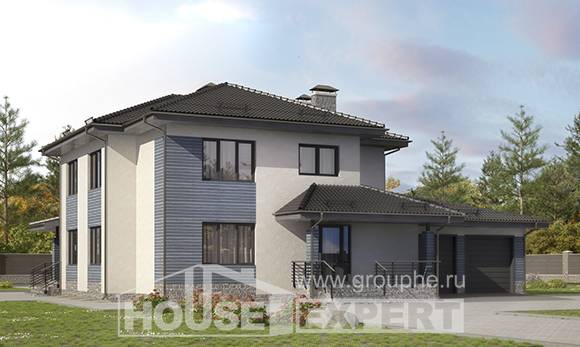 340-005-П Проект двухэтажного дома и гаражом, огромный коттедж из поризованных блоков Экибастуз, House Expert
